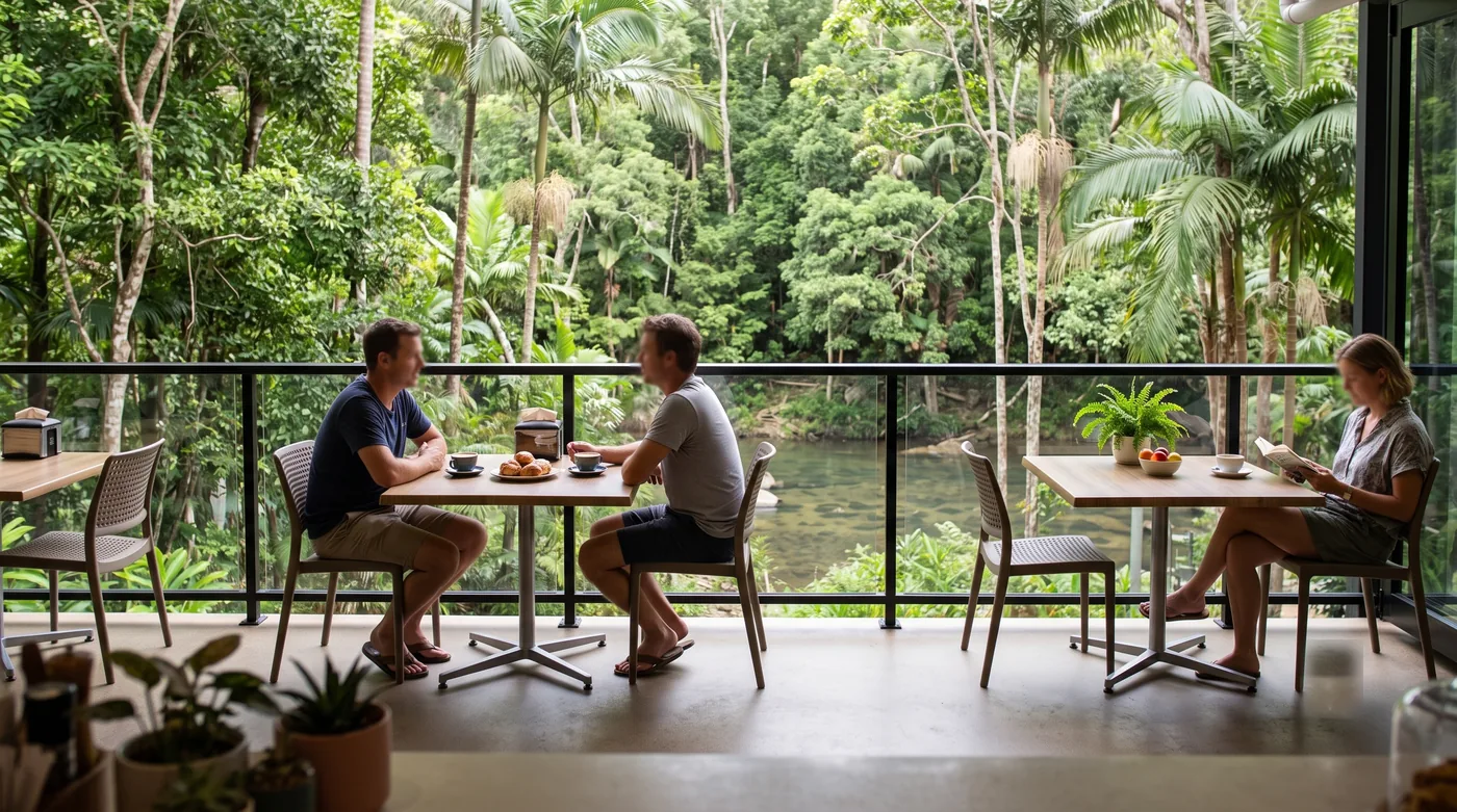 Guests enjoying coffee on the Rivermill Café deck overlooking the rainforest and river